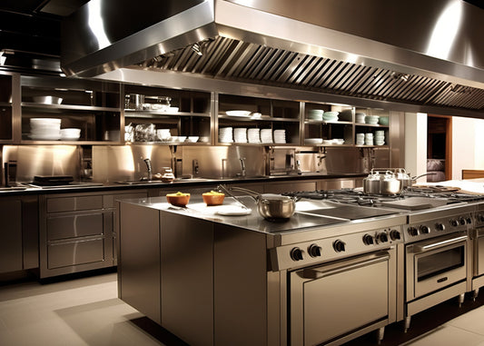 photo showing a commercial kitchen with stainless steel surfaces