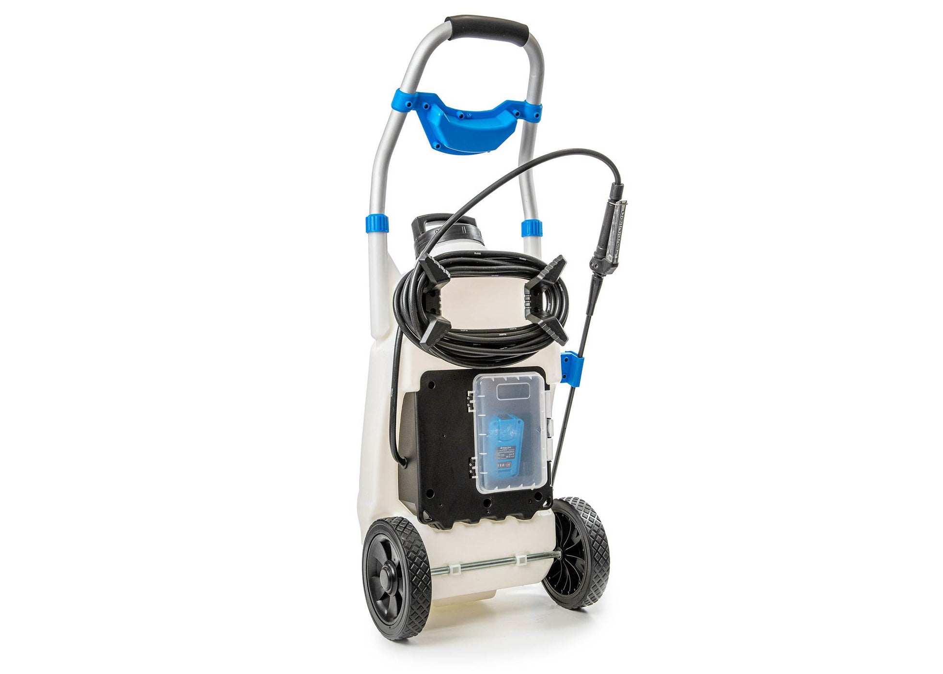 photo showing the back of our large electric sprayer. photo shows the battery compartment and 8 metres of hose