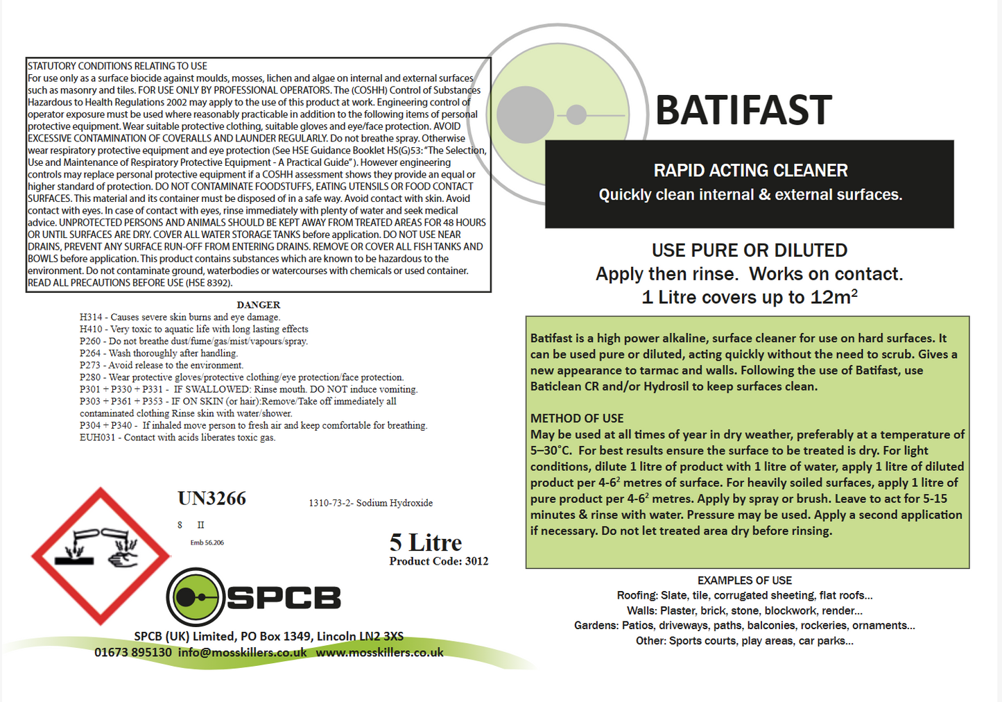 photo showing the product label for Batifast that is a strong surface cleaner normally used to remove moss, lichen and growth from external surfaces.