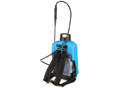 photo showing the back of our battery powered knapsack sprayer showing the shoulder straps, hose, battery compartment, and operation switches.