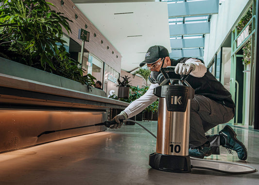 spraying disinfectant with our metal sprayer